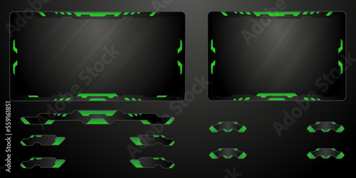 Black and green game interface stream overlay webcam screen panels and gui buttons for video broadcast