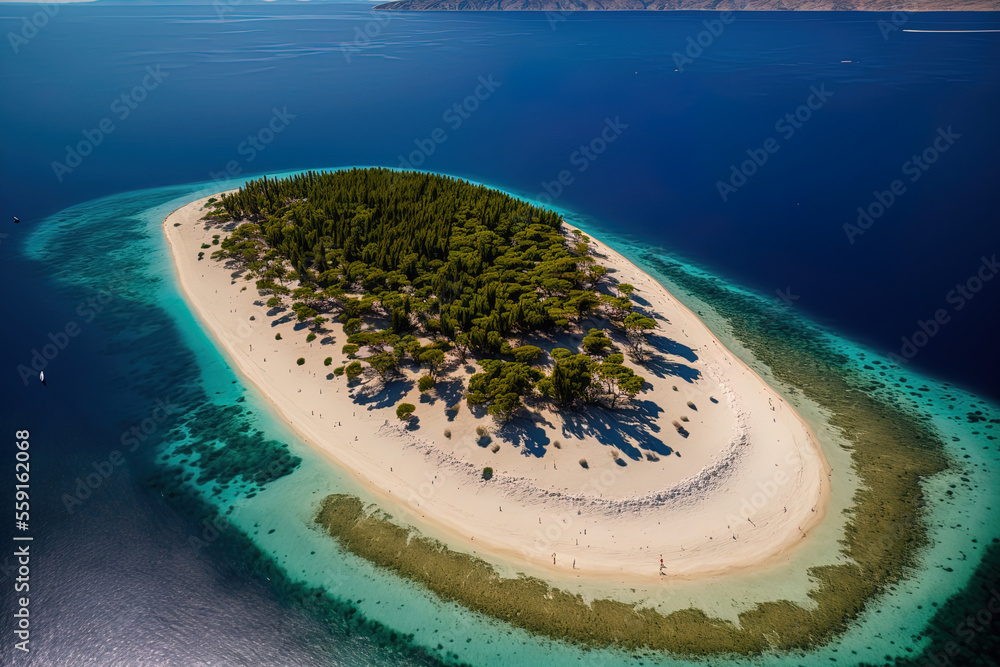 aerial picture of the Croatian shore, showing the landmark Zlatni Rat