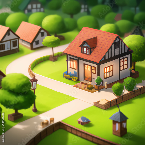 Drawing of a miniature village. Little houses. Simple shapes.