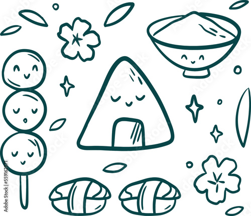 Asian food Collection clip art. Kawaii dango, rice, sushi and sakura illustration