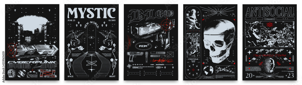 Retro futuristic posters with guns, human skulls and night city. In techno style print for streetwear, print for t-shirts and sweatshirts on a black background