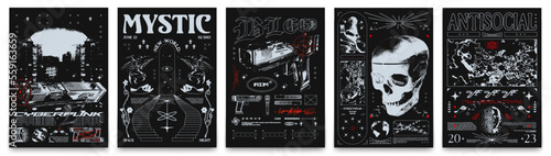 Retro futuristic posters with guns  human skulls and night city. In techno style print for streetwear  print for t-shirts and sweatshirts on a black background