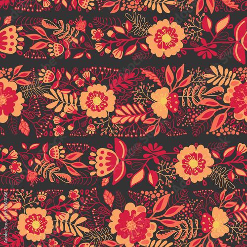 Seamless pattern with vintage style flowers on dark background. Retro motifs illustration with ethnic composition for textile print, wrapping paper, scrapbooking.