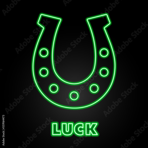 horseshoe luck neon sign, modern glowing banner design, colorful modern design trends on black background. Vector illustration.