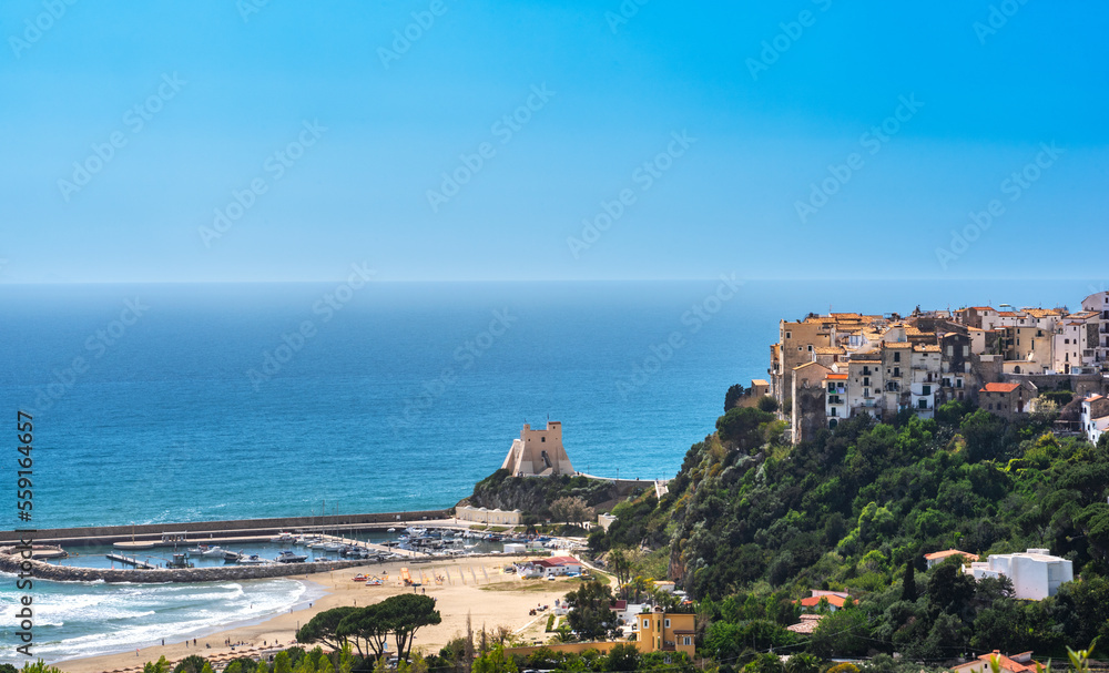 Sperlonga, district of Latina, Lazio, Italy, view of the village with the Saracen tower