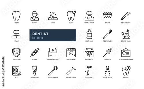 dentist dental doctor hospital healthcare clinic detailed line outline icon set