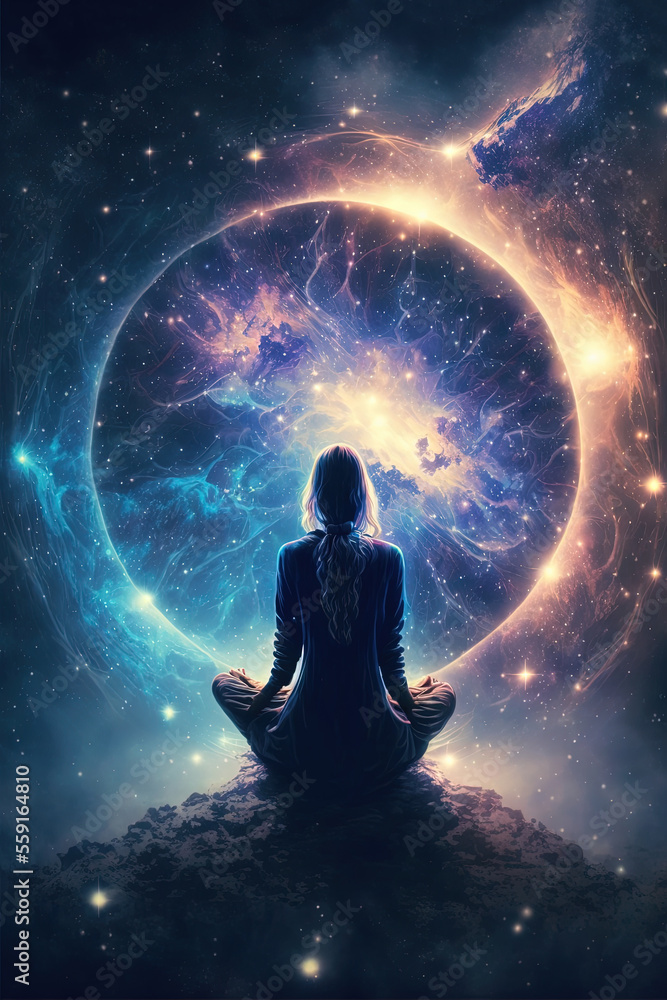 A person is sitting in a yoga pose in the lotus position. Against the background of space.