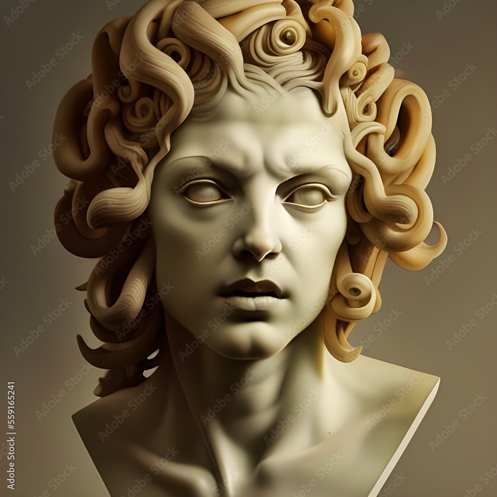 Generative AI image featuring a white marble bust of Medusa, otherwise ...