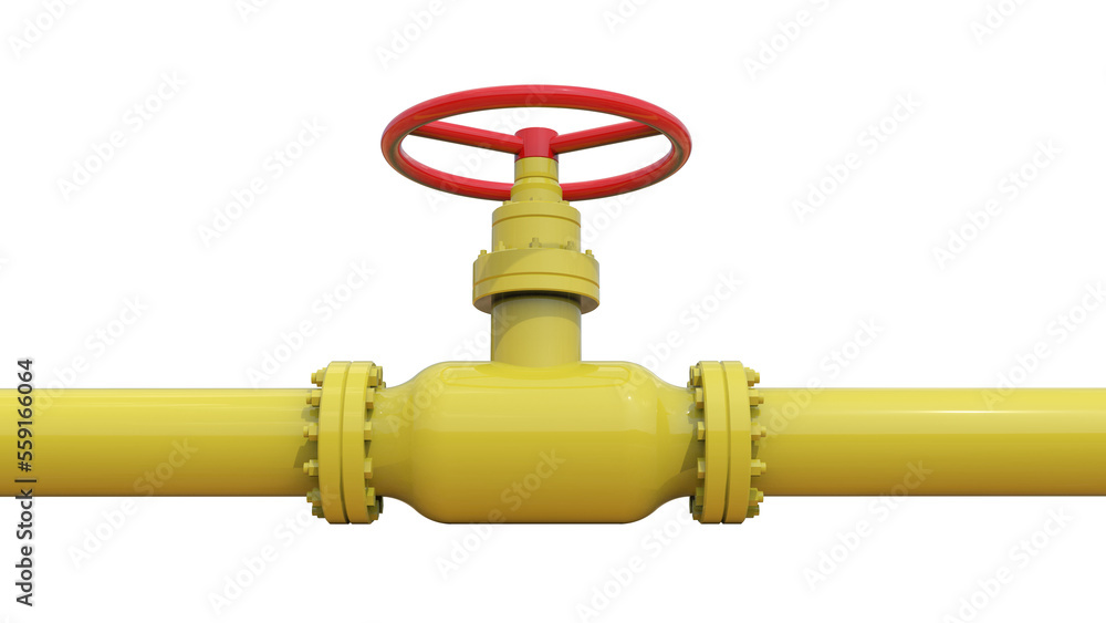 Yellow natural gas pipeline and red valve. 3D illustration.