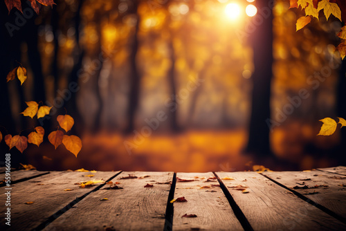 Autumn Table - Orange Leaves And Wooden Plank At Sunset In Defocused Forest, maple leaf (ai generated)