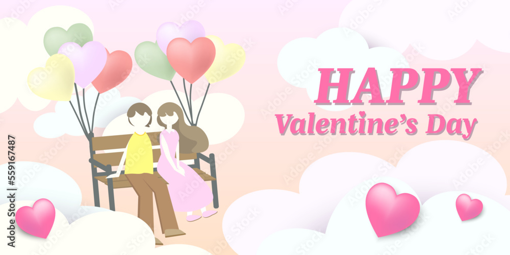 Horizontal Background. Happy valentine's day banner. couple sitting on a bench floating in the sky. vector text Happy valentine's day, cloud, hearts, couple, bench, balloon. Horizontal Background. Happy valentine's day banner. couple sitting on a bench floating in the sky. vector text Happy valentine's day, cloud, hearts, couple, bench, balloon.