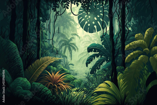 Illustration of a tropical leaves wallpaper design in a misty forest. Generative AI