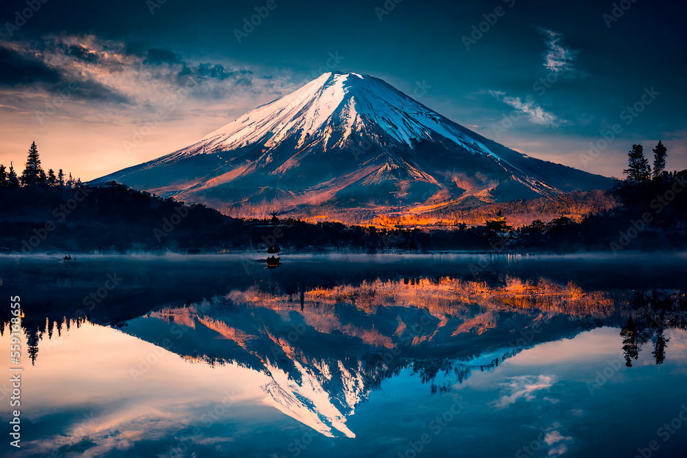 Beautiful scenic landscape of mountain Fuji or Fujisan with reflection on Shoji lake at dawn with twilight sky in Yamanashi Prefecture, Japan. Famous travel and camping Fuji lakes