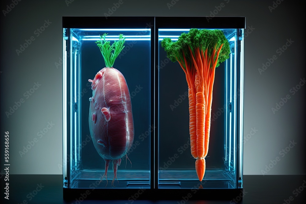 Lab grown meat, vegan meat, science saving the environment, generative ai art, ethical meat