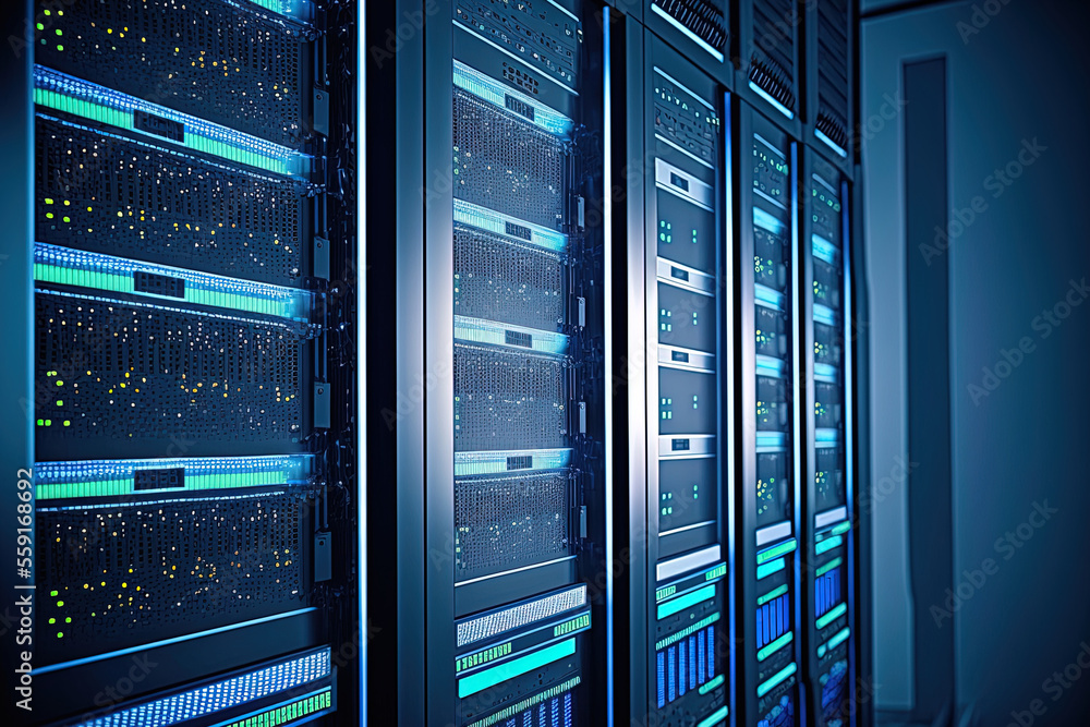 Rack servers are depicted in blue in a raster image of a data center. Neon lights, wires, electronics, and distant information storage provide a setting for commercial and advertising artwork in a hal Rack servers are depicted in blue in a raster image of a data center. Neon lights, wires, electronics, and distant information storage provide a setting for commercial and advertising artwork in a hal
