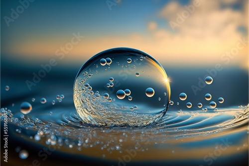 Transparent water drops on a sky background. Waterdrops background for design.