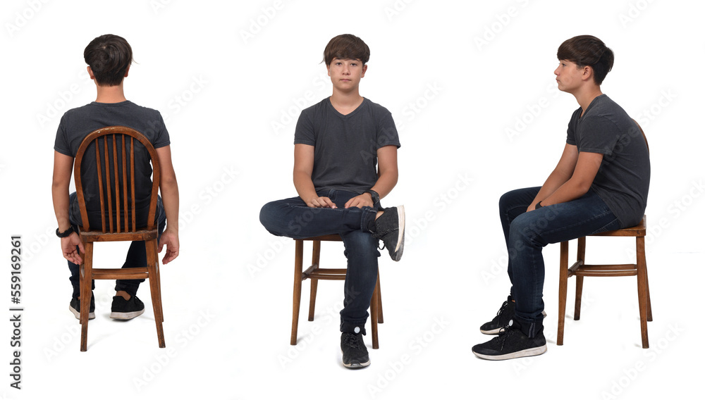 Fototapeta premium back, front and side view of same teen sitting on chair on white backgroud