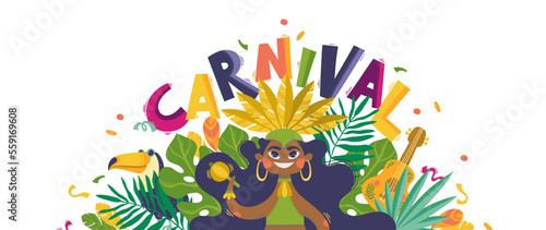 Brazilian carnival samba girl  toucan and guitar in tropical leaves banner template with colorful lettering and confetti