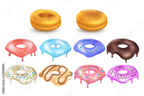Sweet donut cake, constructor kit, 3d isolated bun and topping, icing candy. Taste caramel cookie, realistic confectionery maker elements. Chocolate and vanilla products. Vector illustration set