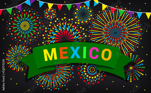 Winner fireworks. Mexico celebrate party. New Year or victory banner. Independence day. Night celebration. Pyrotechnic bursts and festive flags. Mexican festival. Vector poster background