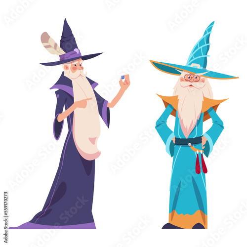 Wizards. Characters in robes costume and hats with silver beard. Old men hold magic stone. People isolated. Cartoon sorcerer and alchemist. Vector witchcraft mascot illustration