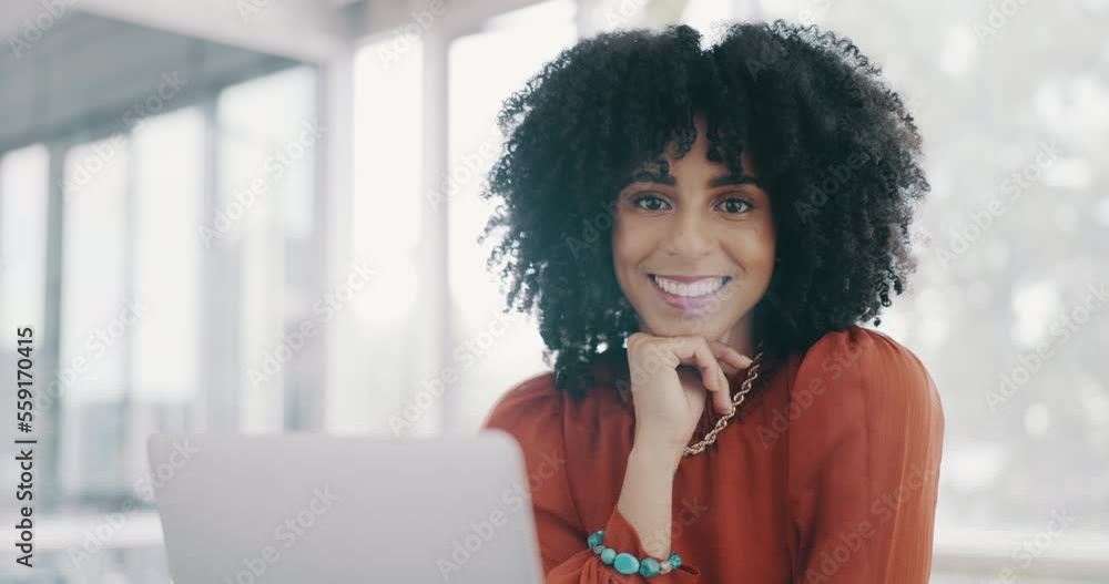 Face, vision and mindset with a business black woman sitting at a desk ...