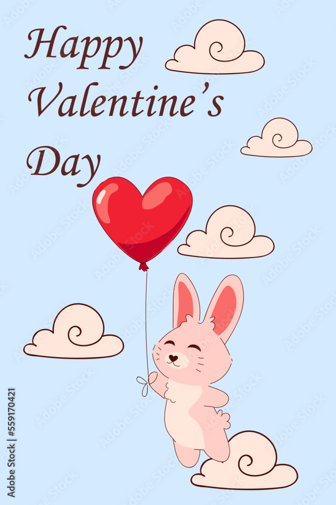 Animal with red heart balloon flying in sky. Valentines Day. Greeting card design. Happy rabbit. Romantic holiday celebration. Love in clouds. Bunny character. Vector cartoon illustration Animal with red heart balloon flying in sky. Valentines Day. Greeting card design. Happy rabbit. Romantic holiday celebration. Love in clouds. Bunny character. Vector cartoon illustration
