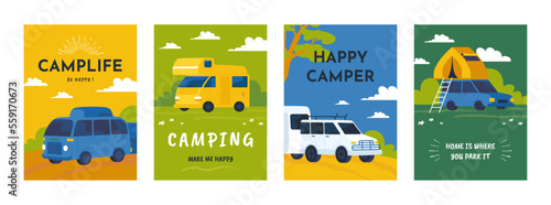 Caravan camper. Automobile RV. Tourists trailer posters. Car recreation. Vehicle home in trip road. Nature adventures. Campsite transport. Travel banners set. Vector trendy illustrations