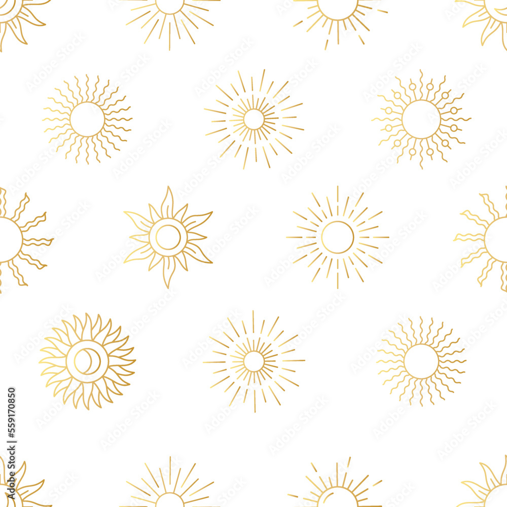 Sun boho pattern. Art deco golden shine. Minimal line beam or sunburst, retro gold summer lights, geometric circle stars. Decor textile, wrapping paper. Vector seamless background Sun boho pattern. Art deco golden shine. Minimal line beam or sunburst, retro gold summer lights, geometric circle stars. Decor textile, wrapping paper. Vector seamless background