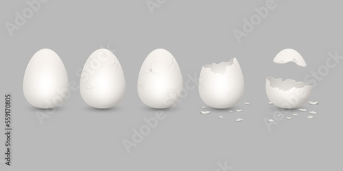 Broken easter egg. White 3d shell. Break or open chicken eggshell, half and whole, animal or bird, fresh poultry farm diet natural product. Isolated elements. Vector realistic illustration