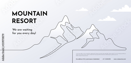 Mountain resort. One line rocky panorama. Ski landscape. Alps adventure by continuous linear drawing. Extreme vacation. Summits slopes. Travel ad banner design. Vector outline pattern