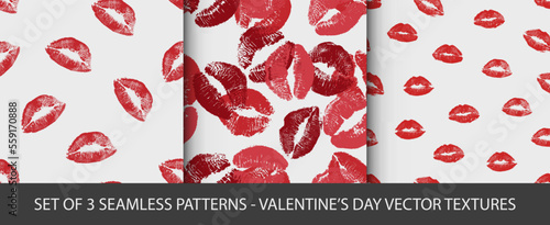 Set of 3 vector seamless backgrounds. Lipstik kiss Valentine's day lovely patterns