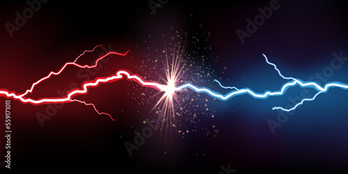 Electric lightning collision. VS battle effect. Flash light. Thunderbolts clash. Thunder burst with sparks. Fight power. Sport game competition blank banner. Vector background concept