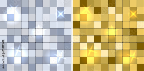 Disco ball texture. Dance night club pattern. Platinum, silver and gold squares. Metallic tile with brilliance lights. Reflection flares. Luxury puzzle. Vector seamless backgrounds set