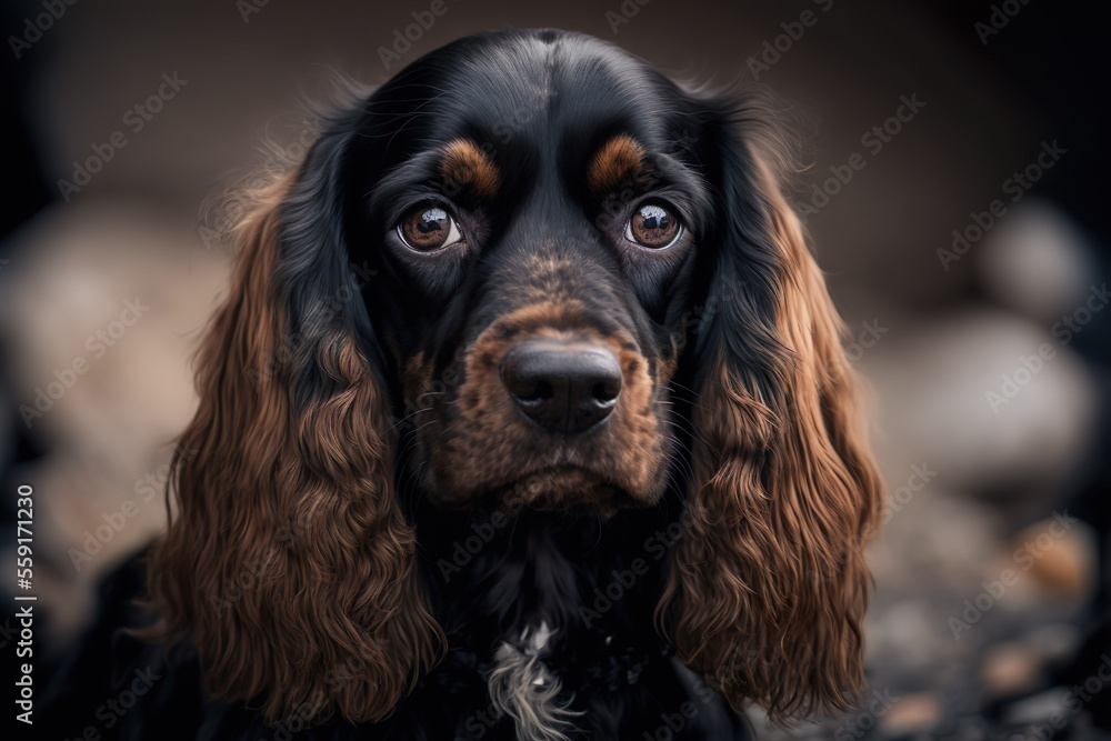A portrait of a black and brown Cocker Spaniel puppy. Tender look in his eyes.