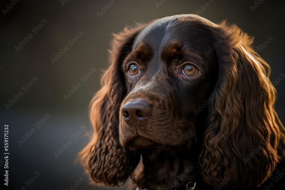 A portrait of a brown Cocker Spaniel. Focused and tender look in his eyes.