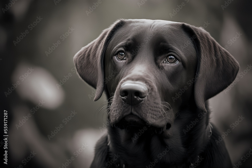 A black and white portrait of a chocolate Labrador Retriever in the studio. Curious pose with a tender look. 