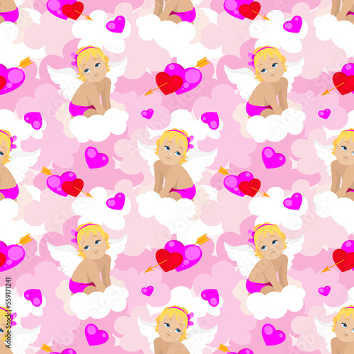 A cute baby angel girl with white wings, blue eyes and a pink bow sits on a cloud. Light pink background with hearts and arrows, print, seamless pattern. Vector illustration for valentine's day