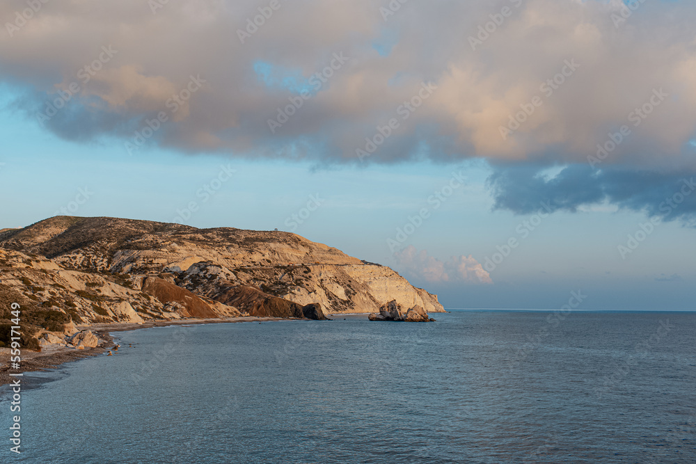 Fototapeta premium Natural landscape of Cyprus hills near Aphrodite rock on the coast of Mediterranean sea.