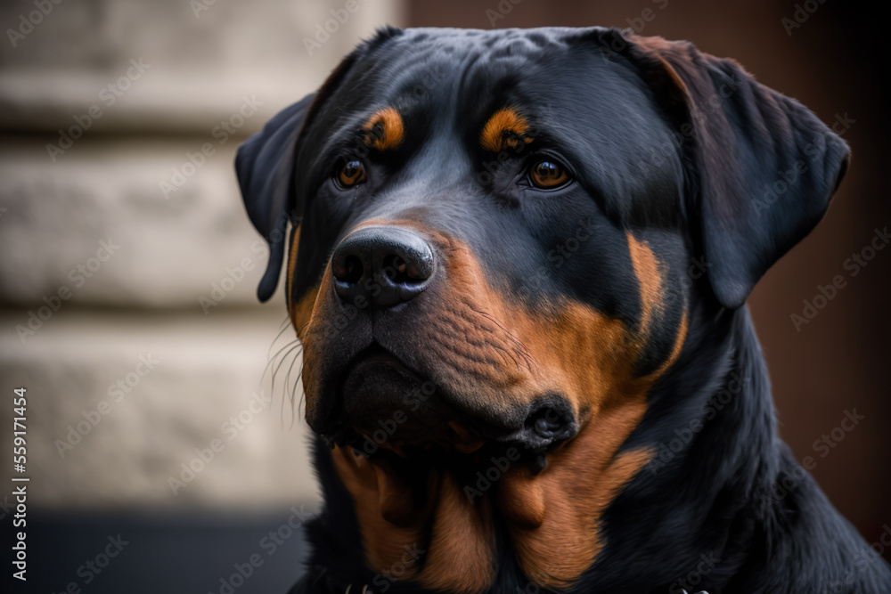 A portrait of a Rottweiler outside. Focused pose with a mysterious look. Black and brown fur. A portrait of a Rottweiler outside. Focused pose with a mysterious look. Black and brown fur.