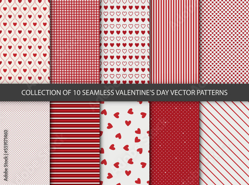 Set of 10 different seamless patterns. Romantic red backgrounds for Valentine's or wedding day. Endless texture for wallpaper, wrapping paper and etc. Retro love style.