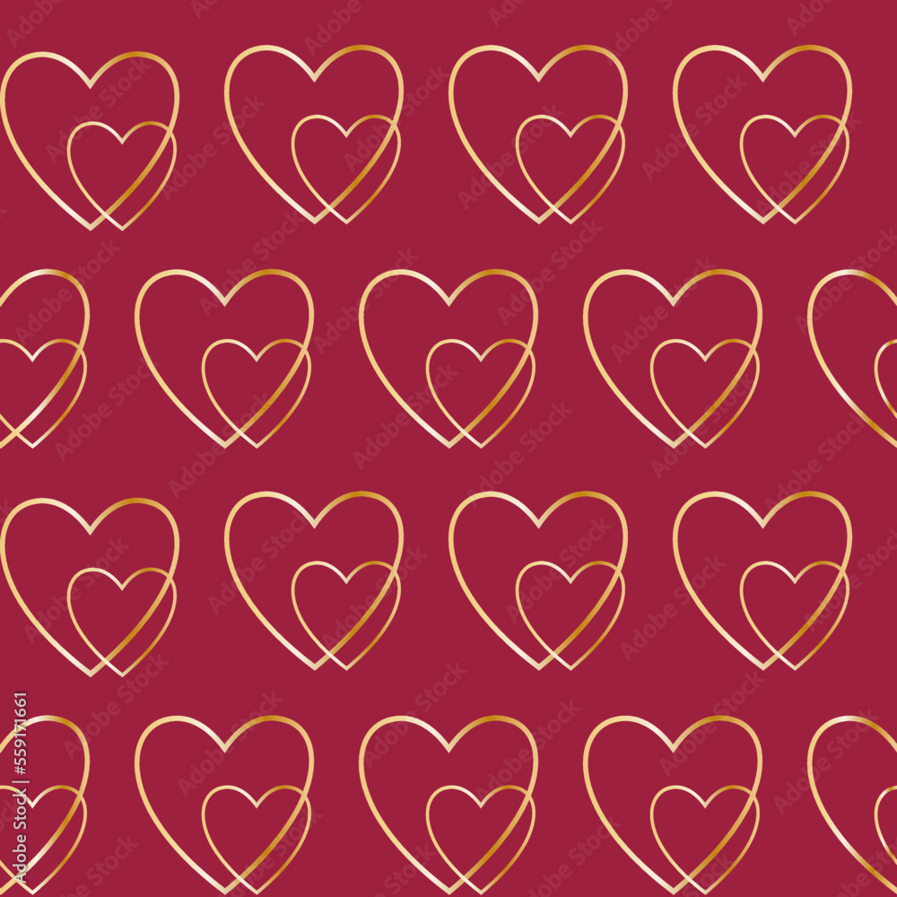 Different size golden hearts on viva magenta background Seamless pattern. Valentine's Day backdrop design Isolated vector illustration