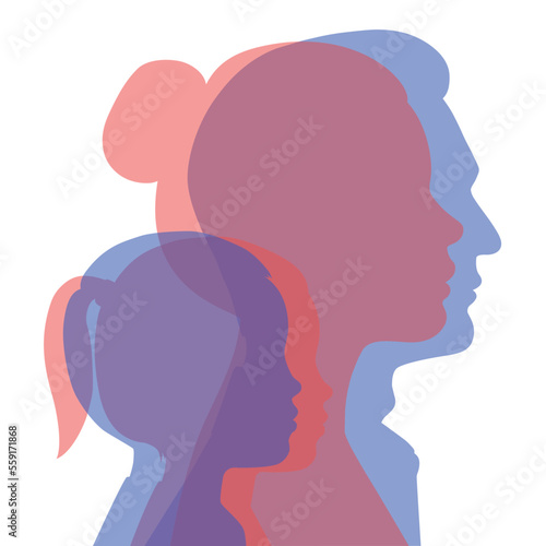 Family silhouettes - father, mother, son and daughter. Transparent silhouettes of profiles of people of different sex. Vector illustration