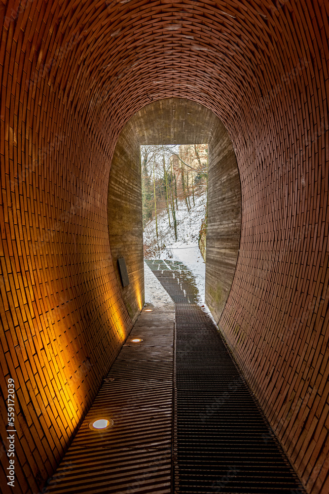View of the passage through the rampart of the Powder Bridge. The Stag Moat  (Jelení příkop) at the Prague Castle in winter time, Czech Republic - obrazy, fototapety, plakaty 