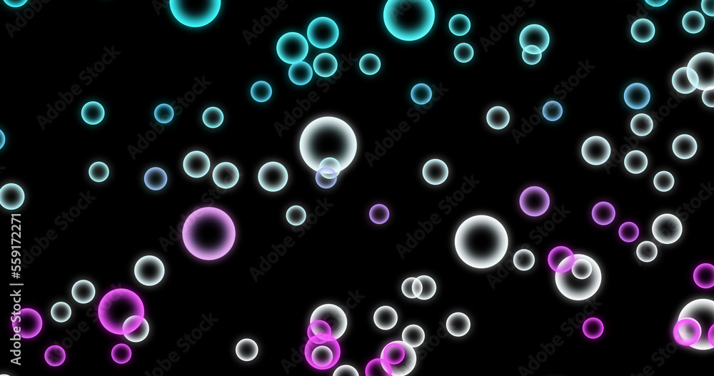 Stream colorful soap bubbles fly on black background.