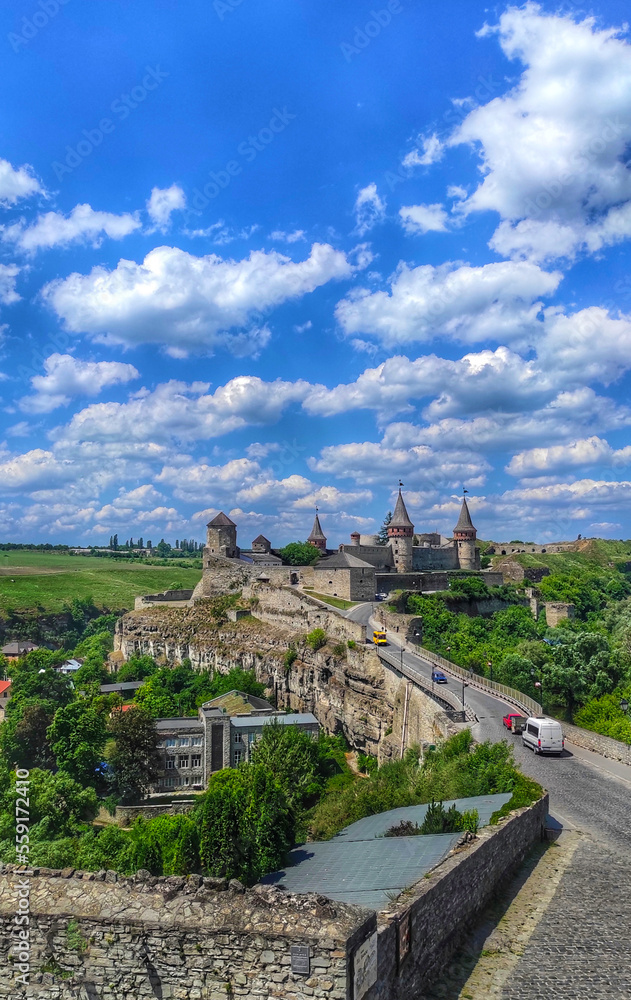 Panoramic landscape of an ancient medieval castle in Kamenetz-Podolsk city. Khmelnitsky region of western Ukraine