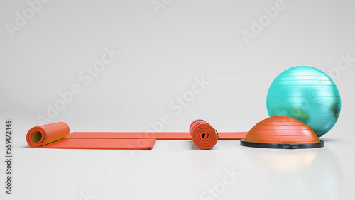 Fitness mats and fitball isolated on white background, 3d rendering, 3d illustration