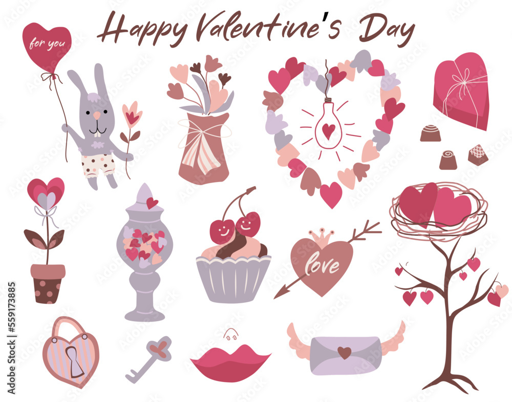Set  elements for Valentine's Day.Bouquet,candy, gift, heart frame,heart, balloon, kiss, key, letter,love tree with nest and other decorative elements. Vector illustration