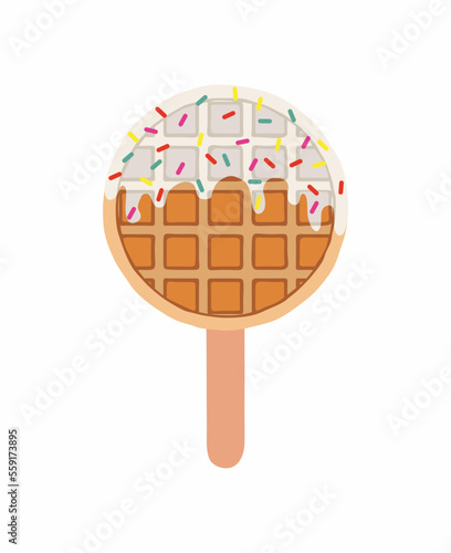 Sweet food and dessert food, vector illustration of golden brown circle homemade corn dog or hot dog waffle on a stick with white chocolate and different flavors.