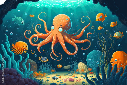 Ocean scene with a gigantic octopus, fish, and rocks. Cartoon depicting a marine animal, a school of fish swimming in the water, and an orange squid with suckers and tentacles. Generative AI